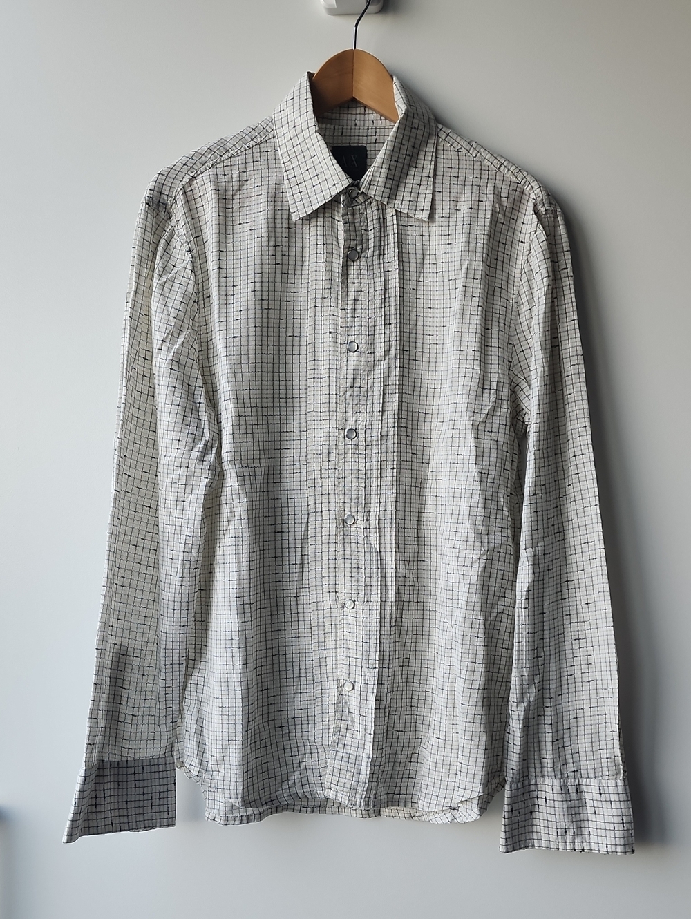 Armani Exchange Cotton Blend Textured Check Pattern Snap Button Up Shirt